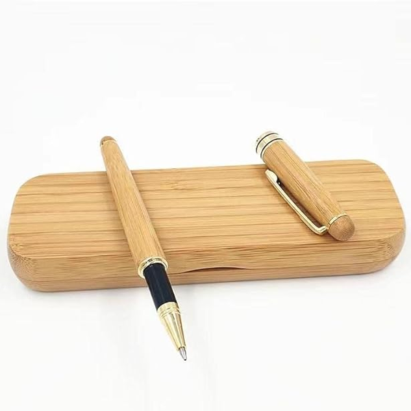 Bamboo RollerBall Pen Set with Bamboo Case- Blue Ink - Image 2