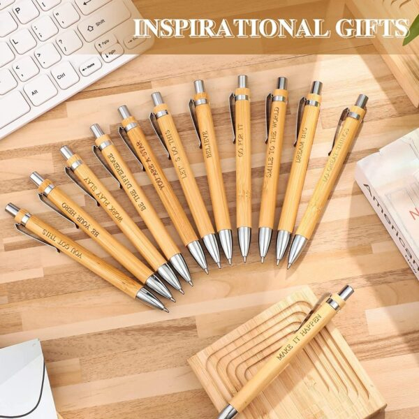 12 Pcs Bamboo Ballpoint Pen With Inspirational Quotes- Blue Ink - Image 2