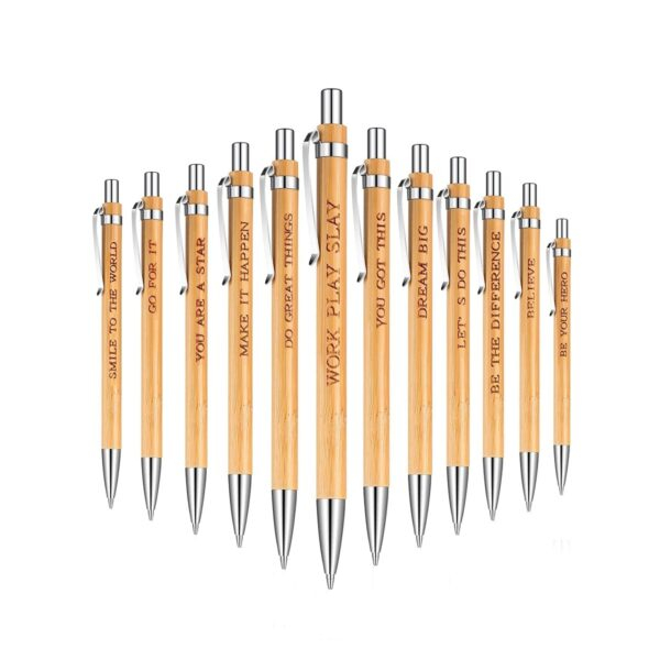 12 Pcs Bamboo Ballpoint Pen With Inspirational Quotes- Blue Ink