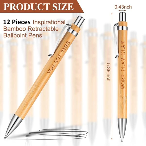 12 Pcs Bamboo Ballpoint Pen With Inspirational Quotes- Blue Ink - Image 5