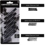 Pack of 6 Compressed Charcoal Sticks For Drawing Shading- Soft, Medium & Hard