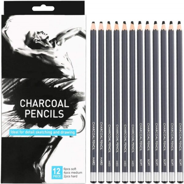 12 Pcs Charcoal Pencils Drawing Set - Soft Medium and Hard