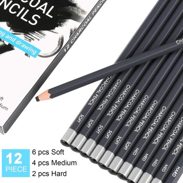 12 Pcs Charcoal Pencils Drawing Set - Soft Medium and Hard - Image 3