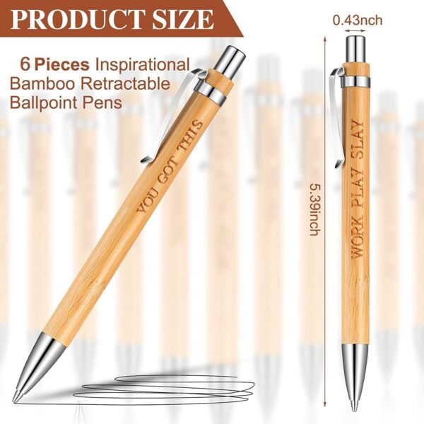 6 Pcs Bamboo Ballpoint Pen With Inspirational Quotes- Blue Ink - Image 2