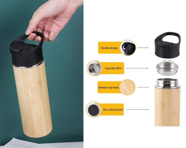 Bamboo Stainless Steel Insulated Flask Sipper Bottle with Detachable Tea Filter- B5 - Image 3