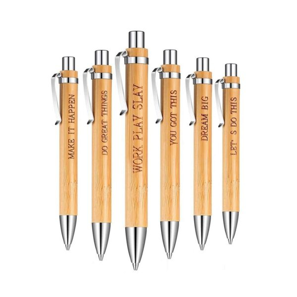 6 Pcs Bamboo Ballpoint Pen With Inspirational Quotes- Blue Ink