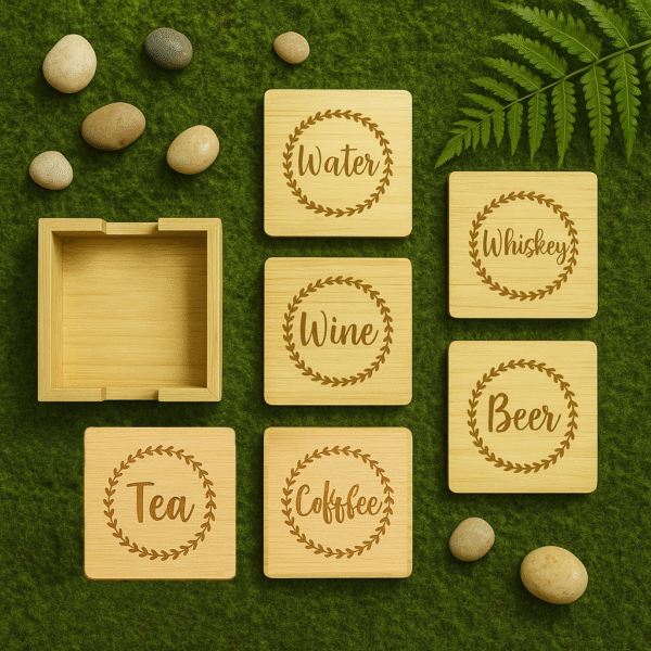 Bamboo Drink/Tea Coasters with Holder - Set of 6, Stylish Drink Coasters for Home & Office Decorative for Wine, Coffee, Tea, Beer, Water, Whiskey