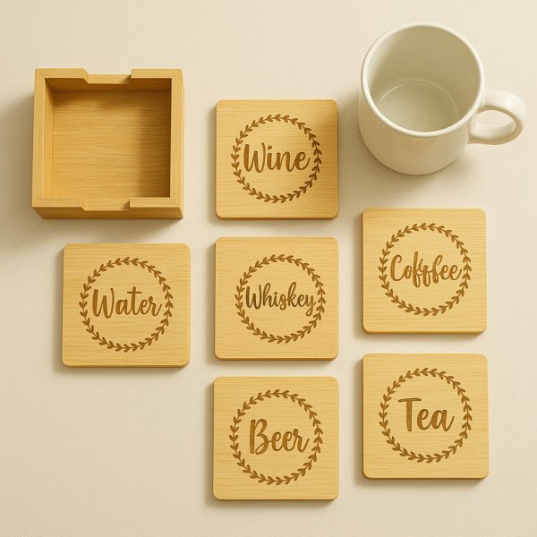 Bamboo Drink/Tea Coasters with Holder - Set of 6, Stylish Drink Coasters for Home & Office Decorative for Wine, Coffee, Tea, Beer, Water, Whiskey