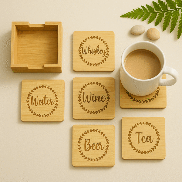 Bamboo Drink/Tea Coasters with Holder - Set of 6, Stylish Drink Coasters for Home & Office Decorative for Wine, Coffee, Tea, Beer, Water, Whiskey