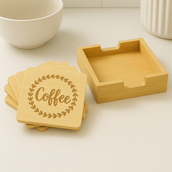 Bamboo Drink/Tea Coasters with Holder - Set of 6, Stylish Drink Coasters for Home & Office Decorative for Wine, Coffee, Tea, Beer, Water, Whiskey